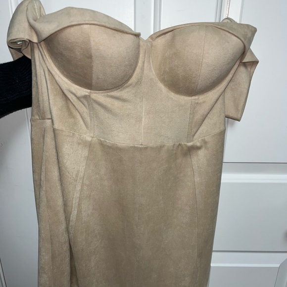 Misha Elegant Off-Shoulder Dress in BUFF - Picture 2 of 6